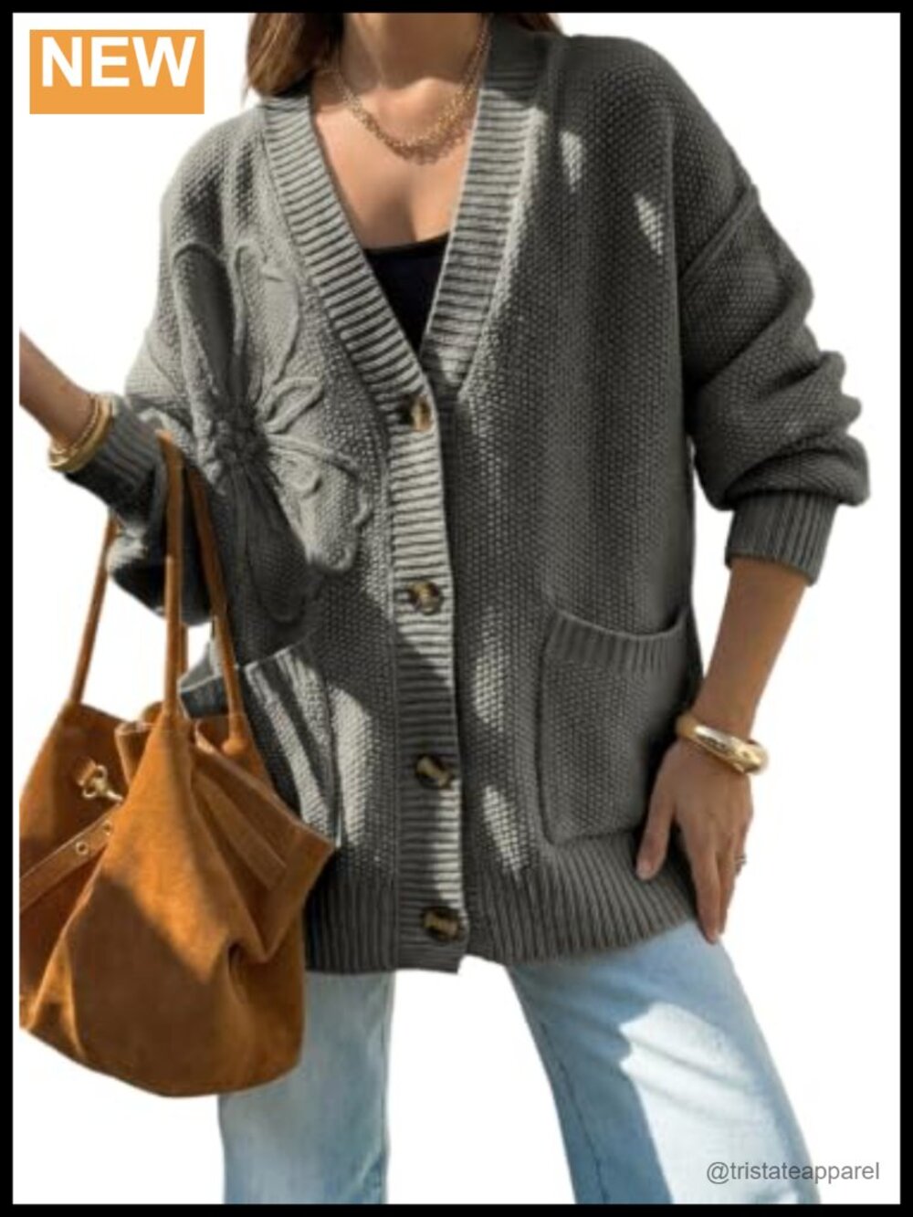 Women's 3D Floral Long Sleeve V-Neck Open Front Cardigan Sweater Oversized Knit